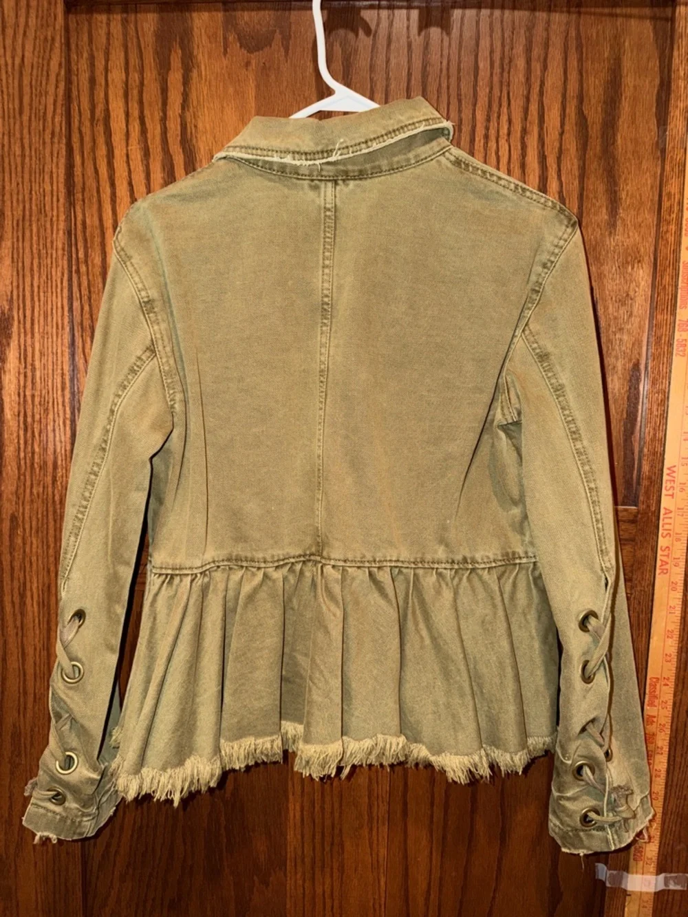 Free People Olive Green Peplum Jean Jacket with Lace-Up Sleeves - Picture 6 of 6